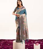 Teal silk blend zari woven saree