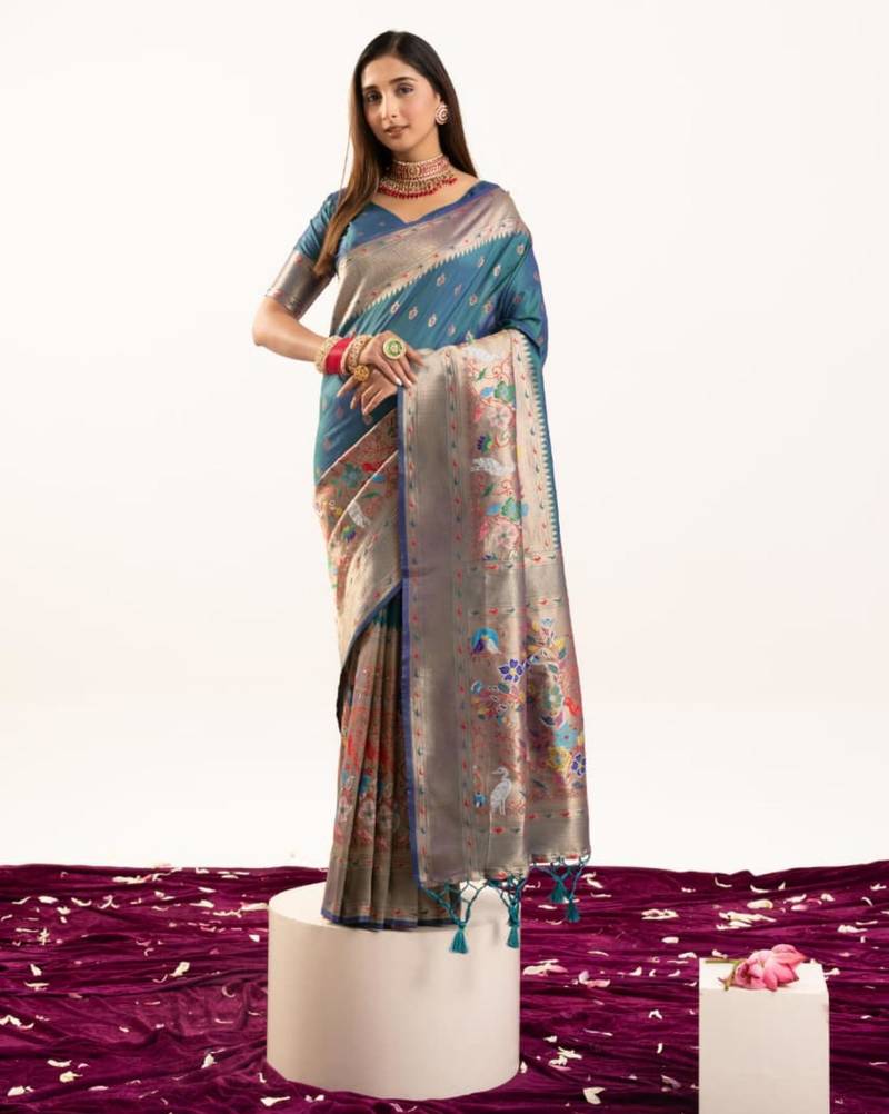 Teal silk blend zari woven saree