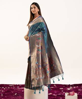 Teal silk blend zari woven saree 2