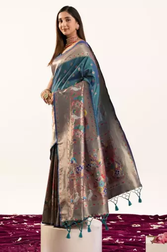 Teal silk blend zari woven saree