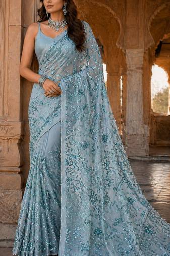 Sky blue net embroidered saree