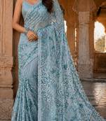 Sky blue net embroidered saree