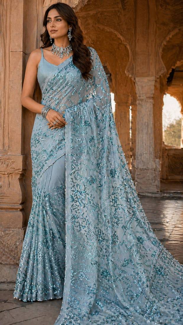 Sky blue net embroidered saree