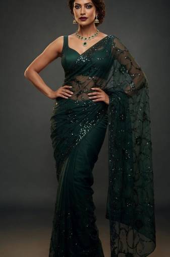 Dark green net embroidered saree