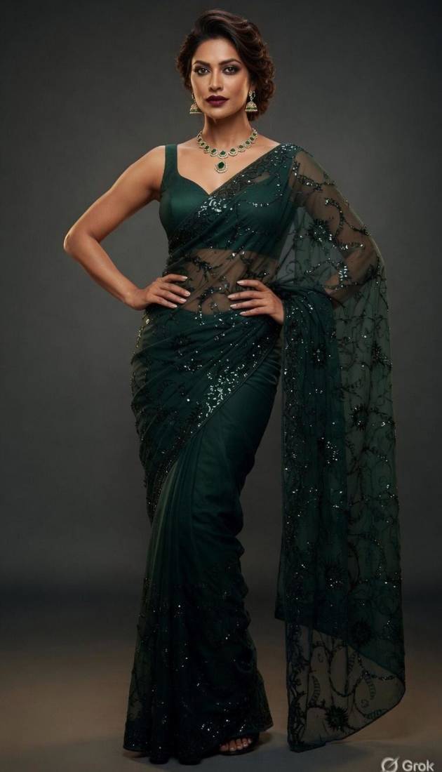 Dark green net embroidered saree