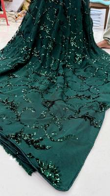 Dark green net embroidered saree 2