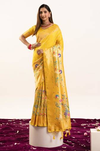 Yellow silk blend zari woven saree