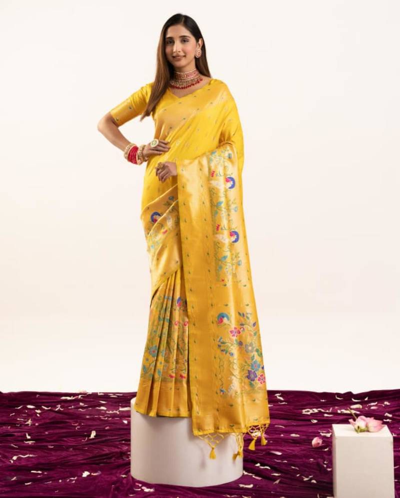 Yellow silk blend zari woven saree