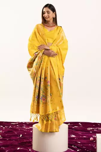 Yellow silk blend zari woven saree