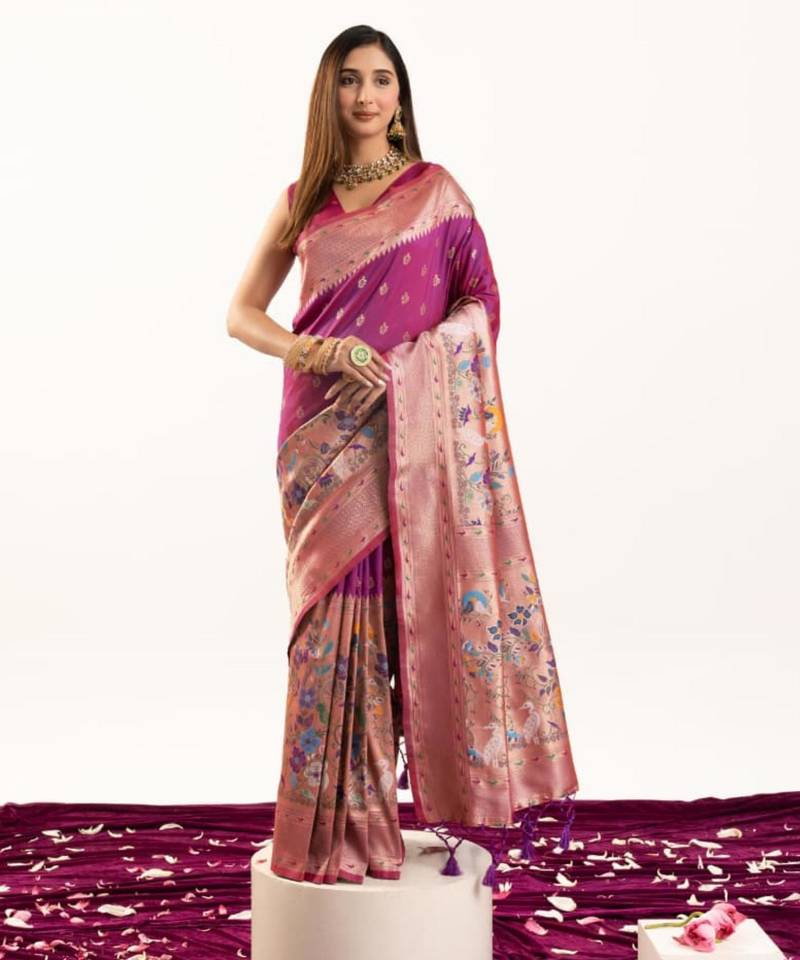 Magenta silk blend zari woven saree