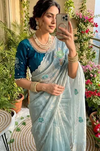 Sky blue silk blend embroidered saree