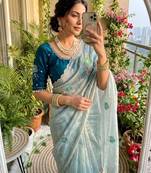 Sky blue silk blend embroidered saree