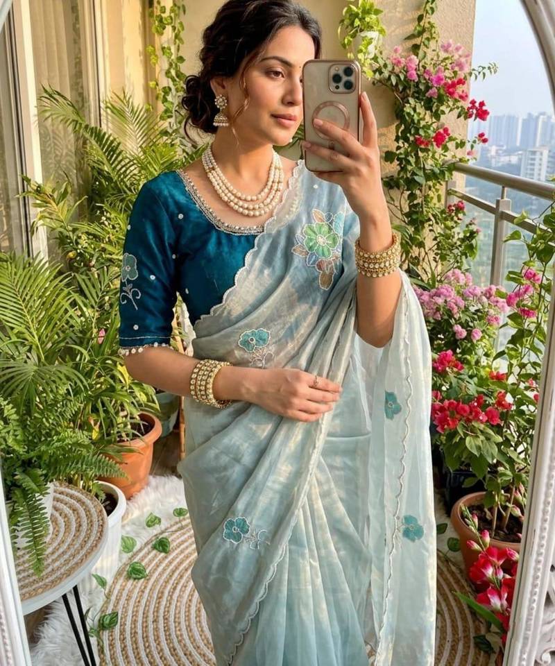Sky blue silk blend embroidered saree