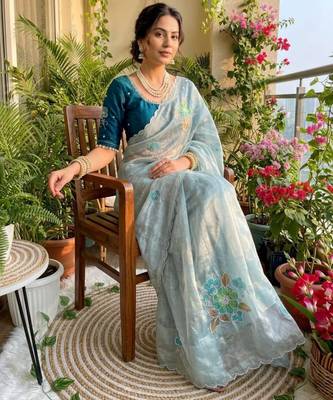 Sky blue silk blend embroidered saree 2