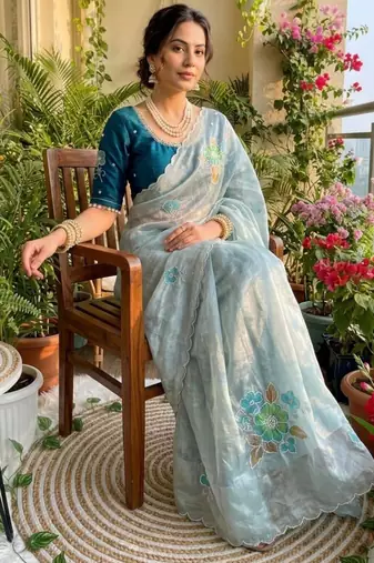 Sky blue silk blend embroidered saree