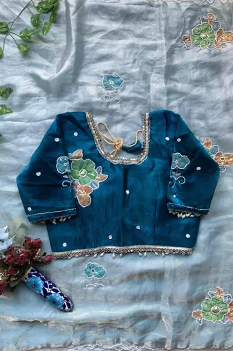 Sky blue silk blend embroidered saree