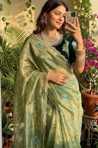 Olive silk blend embroidered saree