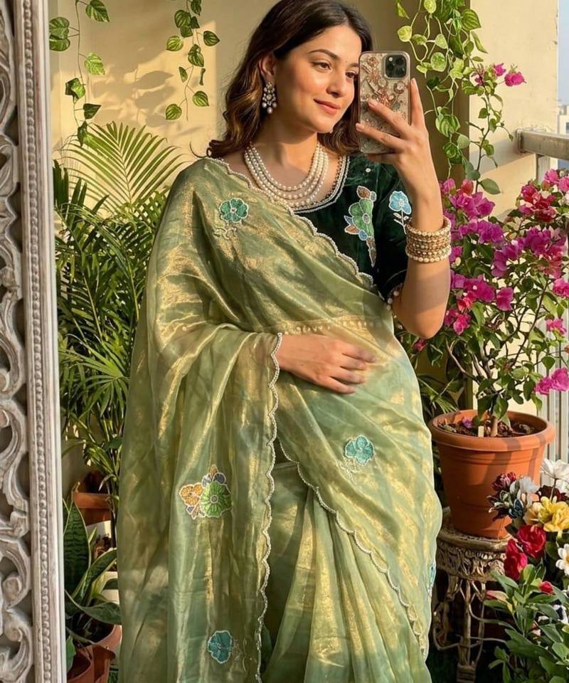 Olive silk blend embroidered saree