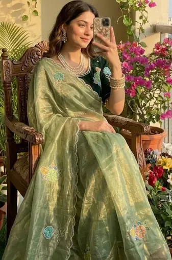 Olive silk blend embroidered saree