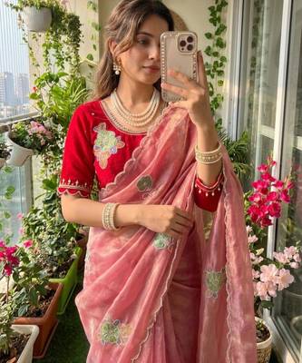 Pink silk blend embroidered saree 1