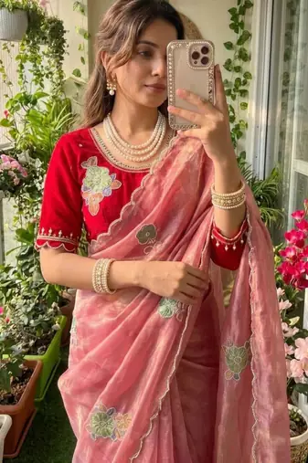 Pink silk blend embroidered saree
