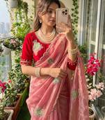 Pink silk blend embroidered saree