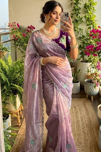 Lavender silk blend embroidered saree