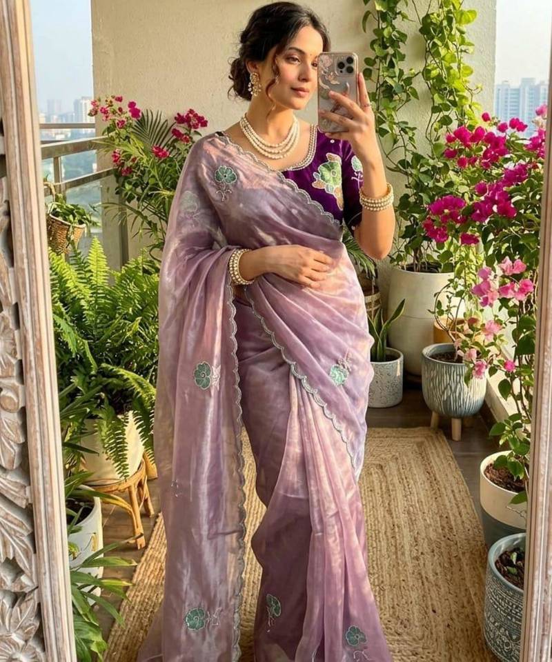 Lavender silk blend embroidered saree