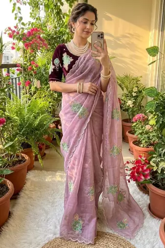 Lavender silk blend embroidered saree
