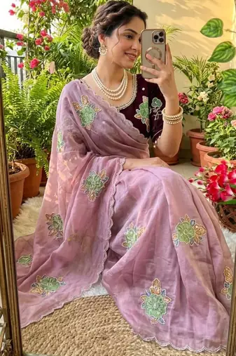 Lavender silk blend embroidered saree