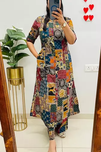 multicolor printed cotton kurta & trouser co-ord set