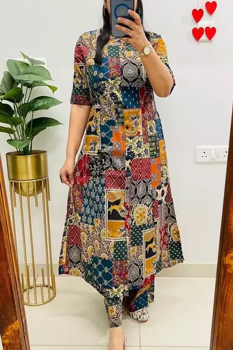 multicolor printed cotton kurta & trouser co-ord set