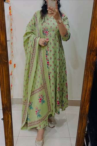 Floral printed pure cotton round neck kurta trouser & dupatta set
