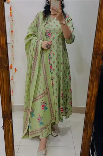 Floral printed pure cotton round neck kurta trouser & dupatta set