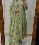 Floral printed  cotton round neck kurta trouser & dupatta set