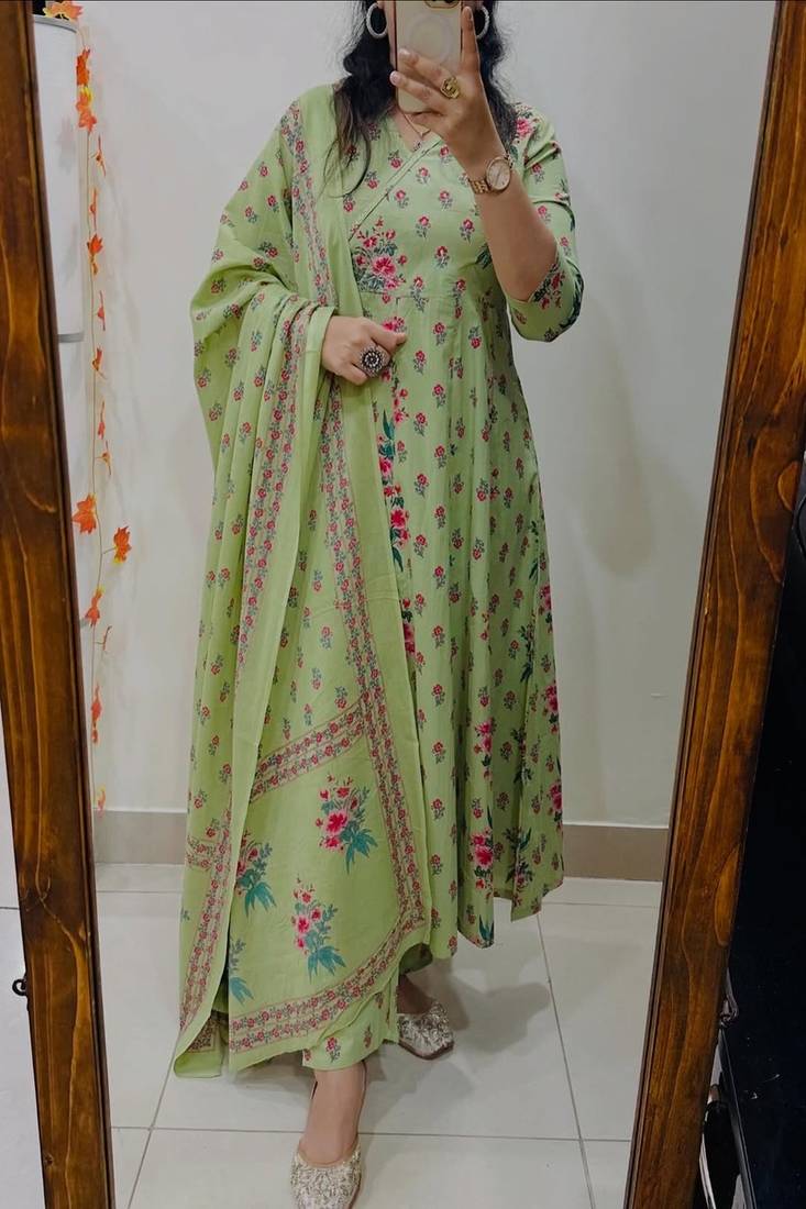 Floral printed pure cotton round neck kurta trouser & dupatta set