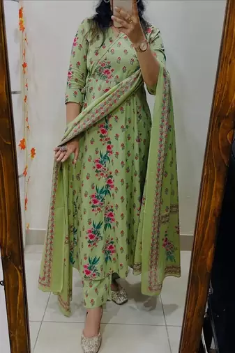 pista green floral printed cotton kurta set with dupatta