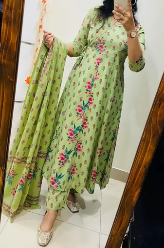 pista green floral printed cotton kurta set with dupatta