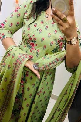 pista green floral printed cotton kurta set with dupatta 4