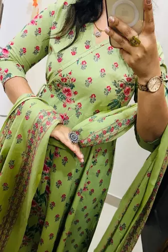 pista green floral printed cotton kurta set with dupatta