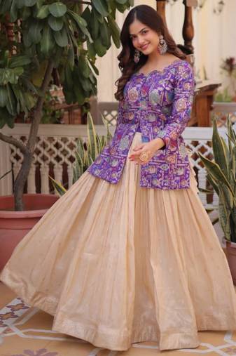 cream jacquard lehenga with purple printed blouse set