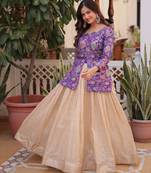 cream jacquard lehenga with purple printed blouse set