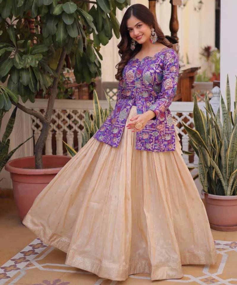 cream jacquard lehenga with purple printed blouse set