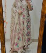 Floral printed  cotton round neck kurta trouser & dupatta set