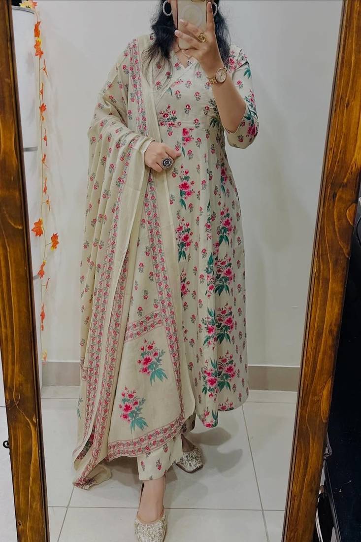 Floral printed pure cotton round neck kurta trouser & dupatta set