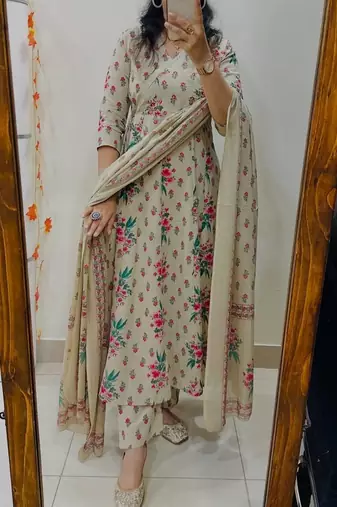 cream floral printed cotton kurta set with dupatta