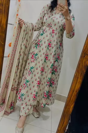 cream floral printed cotton kurta set with dupatta