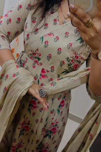 cream floral printed cotton kurta set with dupatta