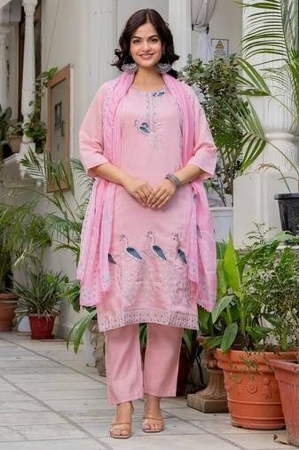 Floral embroidered silk round neck kurta trouser & dupatta set