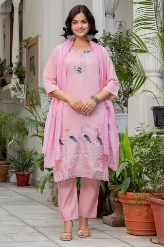 Floral embroidered silk round neck kurta trouser & dupatta set
